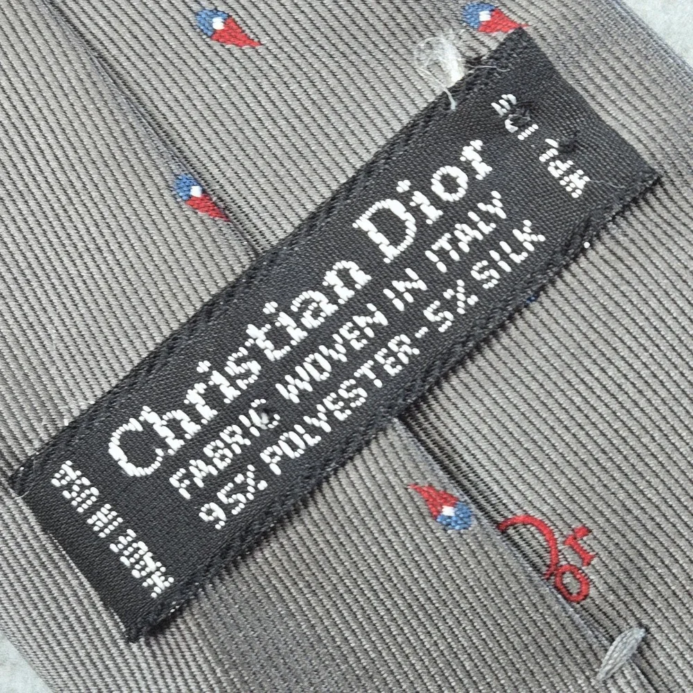 Christian Dior Tie Mens One Size Gray Skinny‎ Geometric Embroidered Silk